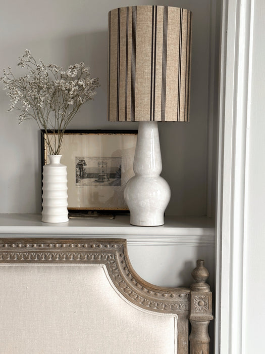 Natural Stoneware Lamp With Striped Linen Shade