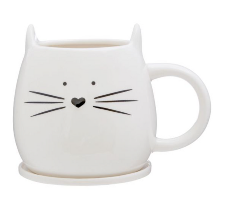 Ivory Cat Mug with Coaster