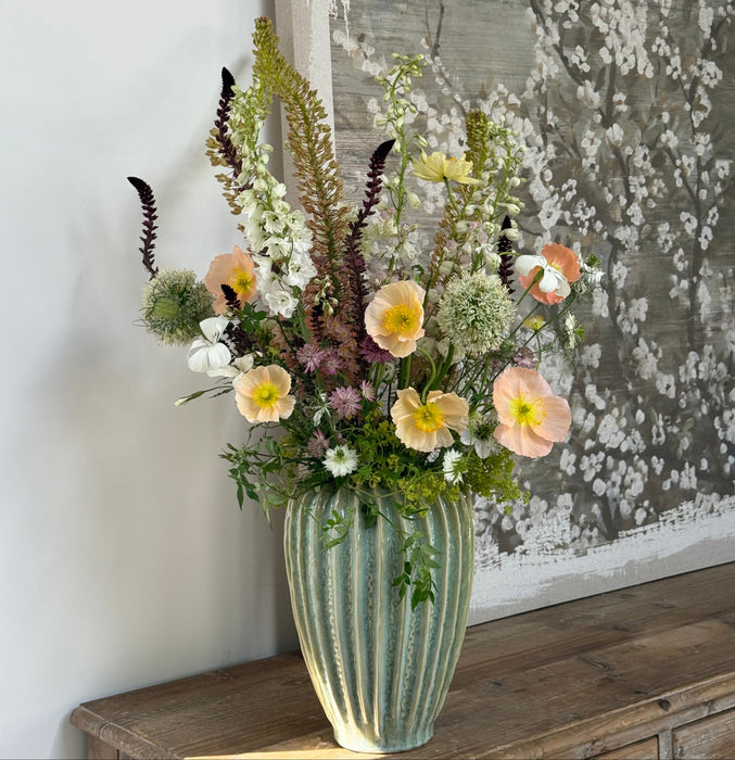 Ridged Green Ceramic Vase