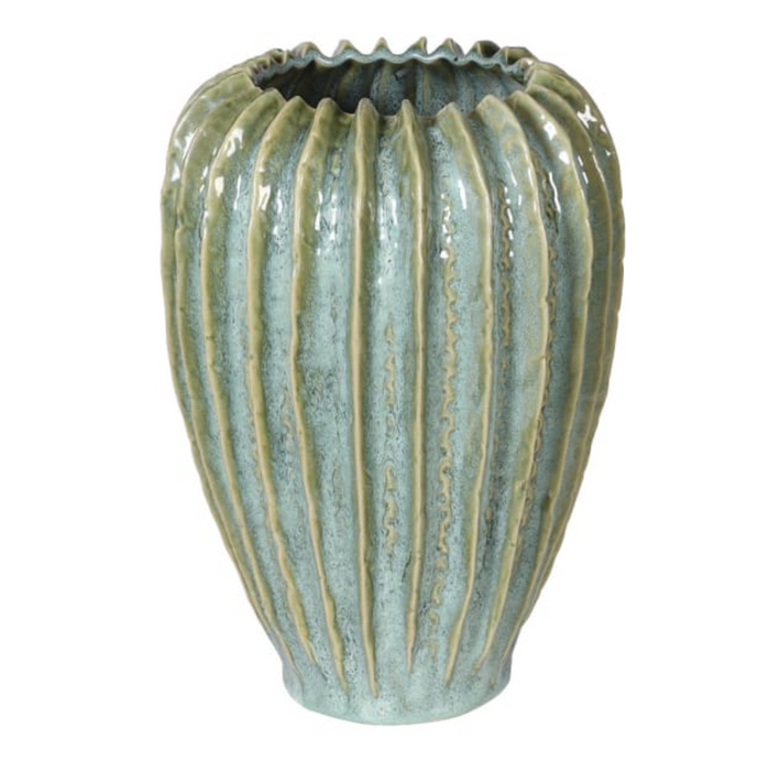 Ridged Green Ceramic Vase