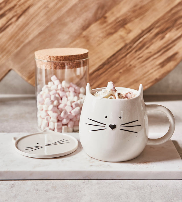 Ivory Cat Mug with Coaster